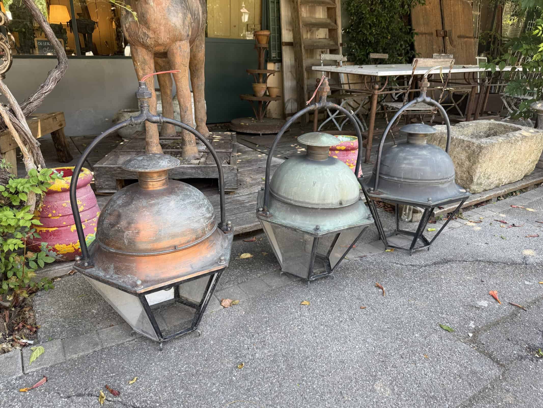 Set of 8 Large Vintage Iron & Copper Street Lanterns, France. 6 Large, 2 Medium. PRICED INDIVIDUALLY.