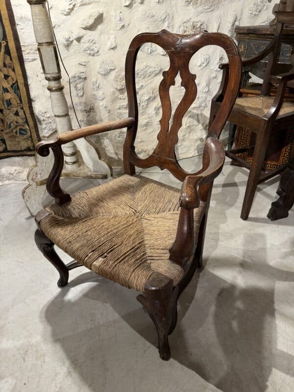 18th Century Italian Venetian Armchair in Walnut with Rush Seat