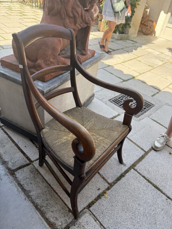 19th Century French Louis Philippe Fauteuil with Rush Seat & Scroll Arms