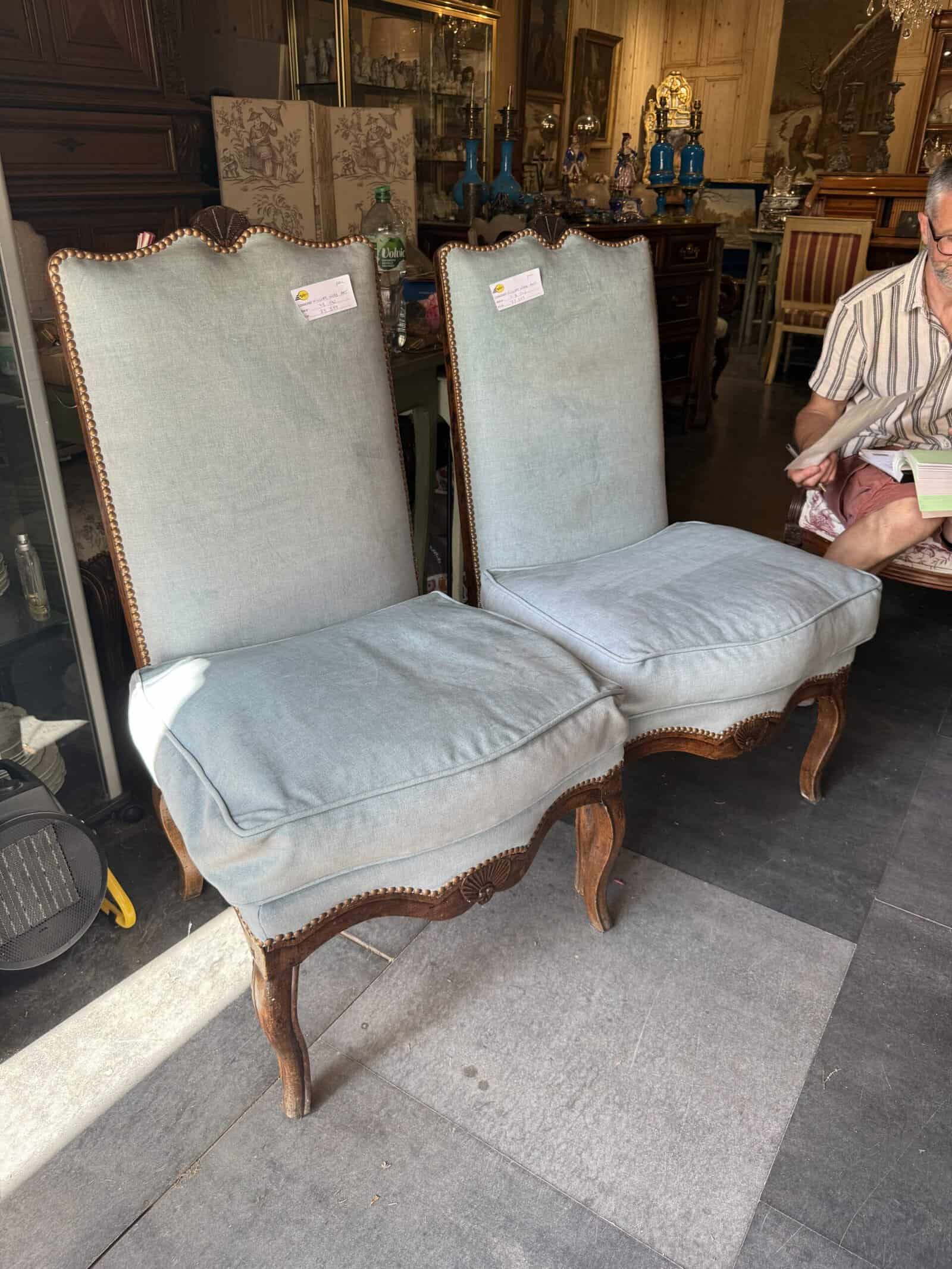 Pair of 18th Century French Walnut Provencal Side Chairs with Shell Detail and Loose Cushions