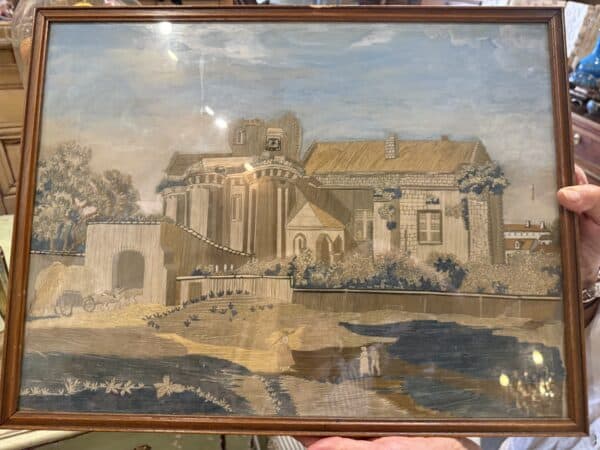 Giltwood Framed 19th Century French Silk Sampler / Textile of Landscape