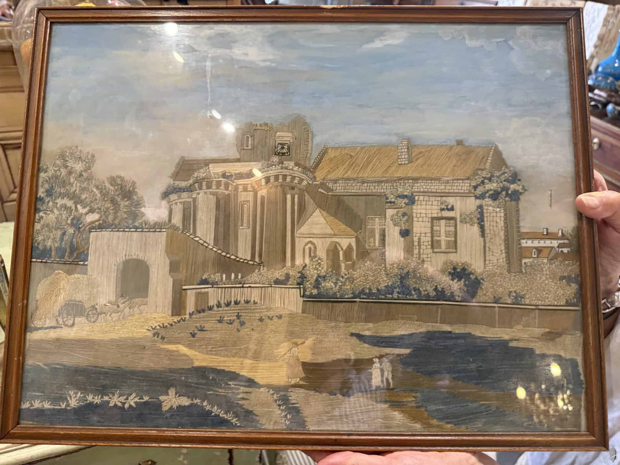 Giltwood Framed 19th Century French Silk Sampler / Textile of Landscape