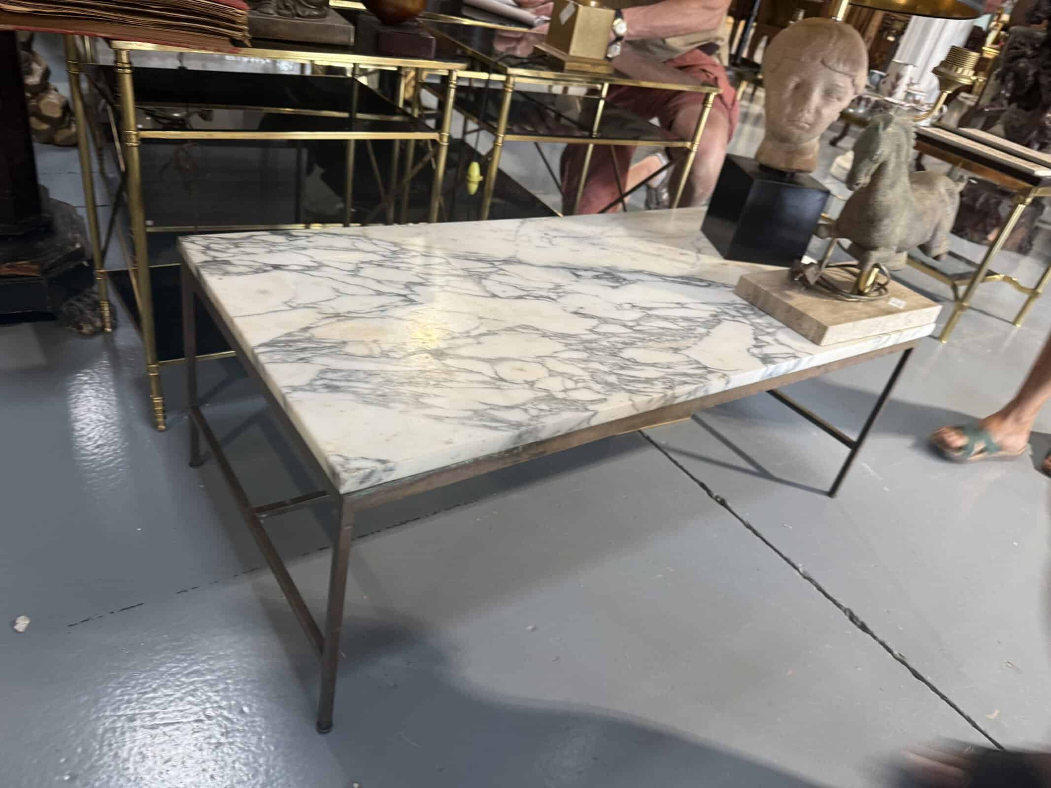 "Paul McCobb" Brass Coffee Table with Marble Top, France ca. 1970