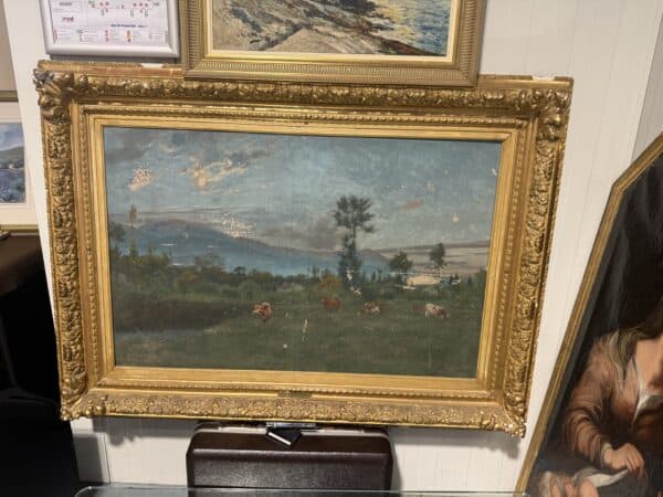 19th Century French Giltwood Framed Oil on Canvas Landscape Painting with Cows by Ed Brum