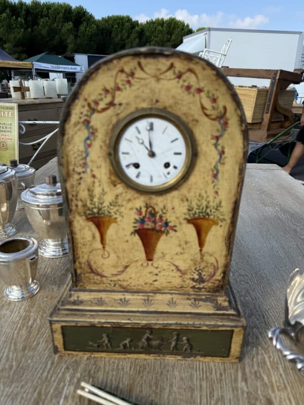 Floral Painted Tole "Borne" Mantle Clock, France 19th Century