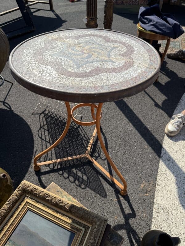 Orange Painted Iron Bistro Table with Mosaic Ceramic Top, France ca. 1900