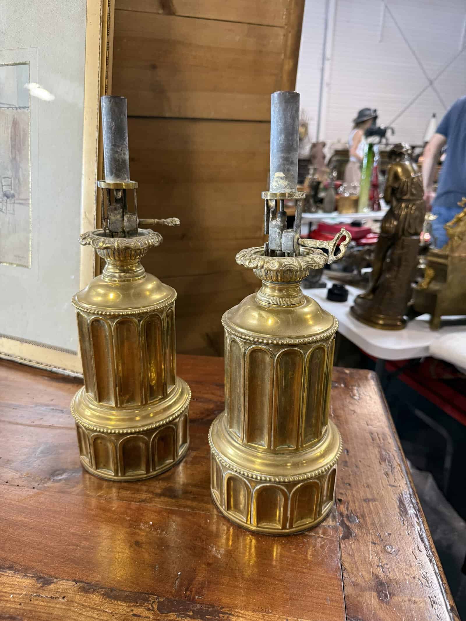 Pair of Oil Burning Brass Lamps, France 19th Century. To be Wired as Lamps.