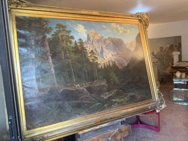 Large Scale 19th Century Giltwood Framed Oil on Canvas Landscape Painting of the Swiss Alps by "W.F. Beurlin"