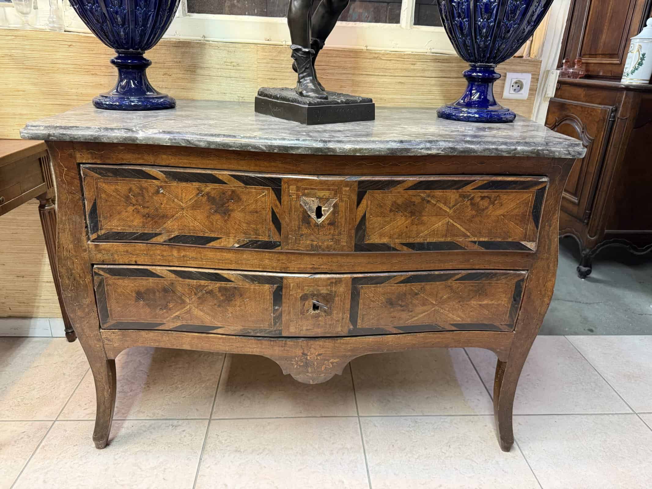 18th Century Italian Walnut Commode with Parquetry Inlay & Marble Top