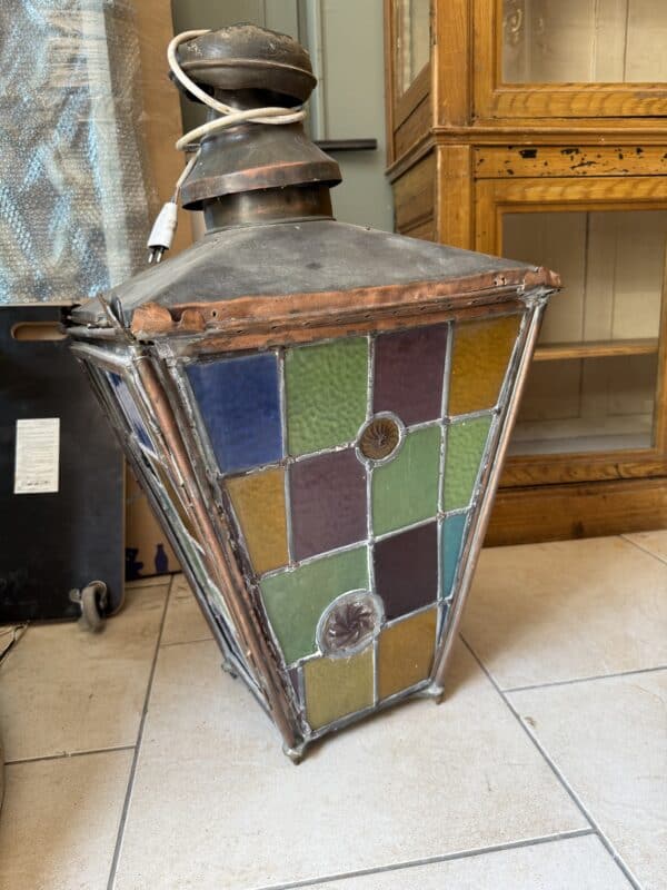 19th Century English Victorian Copper & Stained Glass Lantern