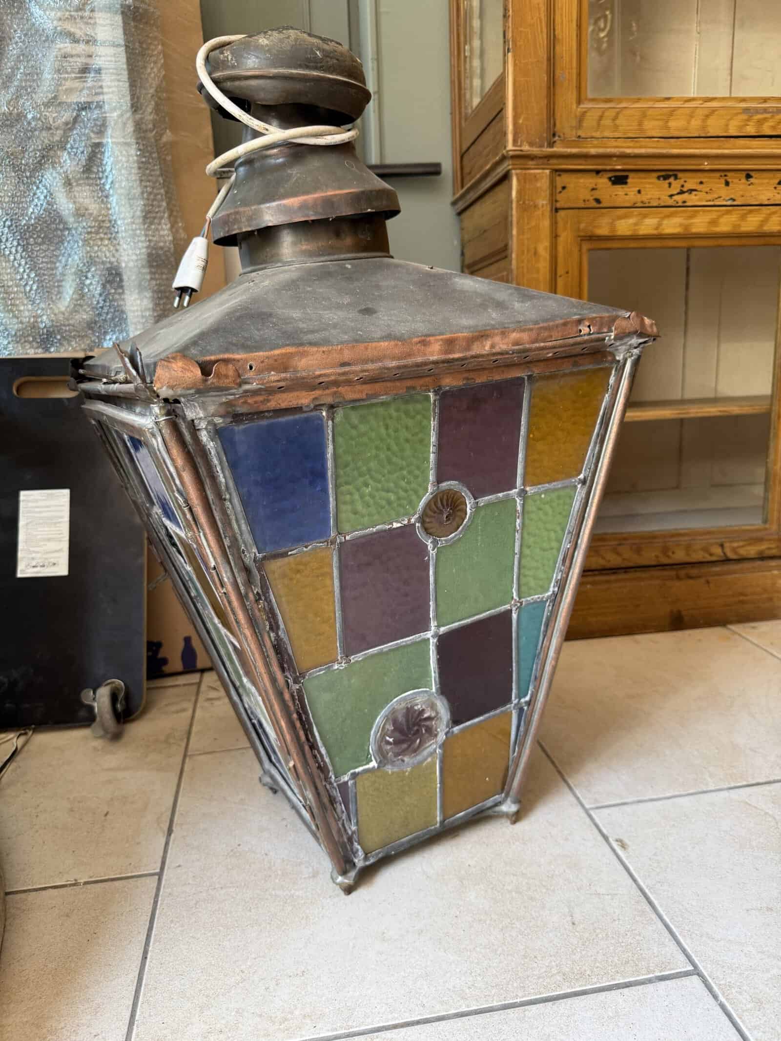 19th Century English Victorian Copper & Stained Glass Lantern
