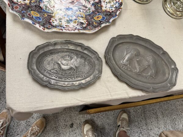 Pair of Oval 18th Century French Pewter Platters with Animals Depicted