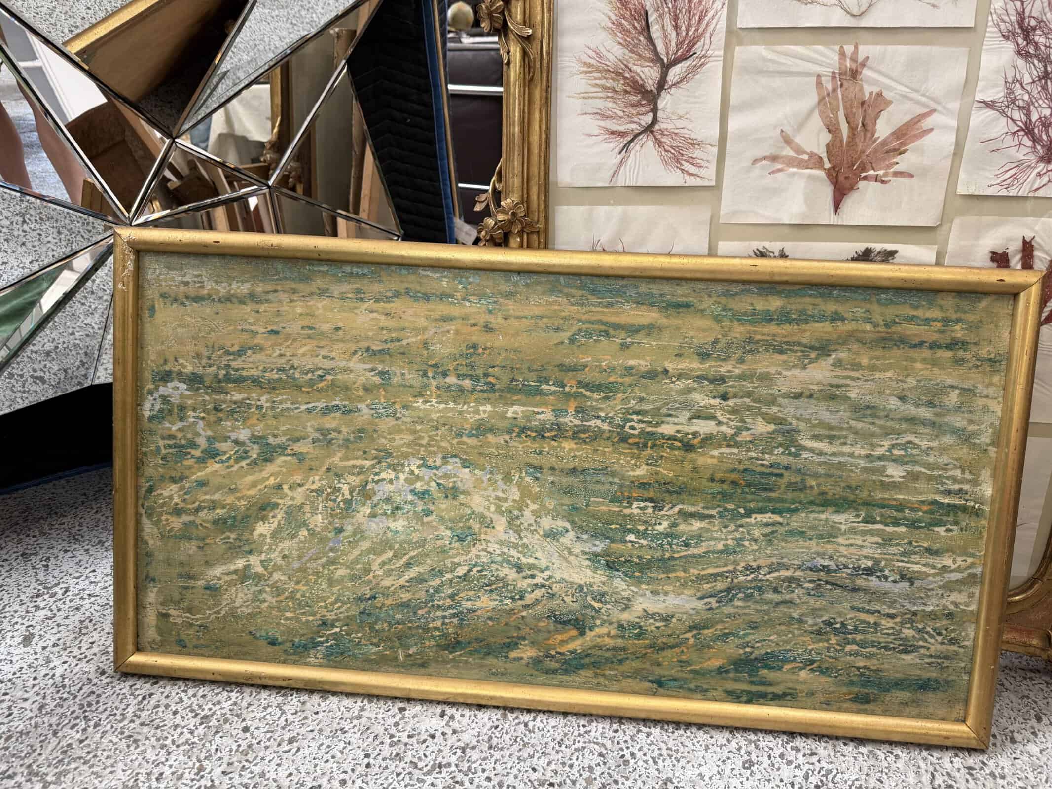 Mid Century French Giltwood Framed Oil on Board Abstract Painting