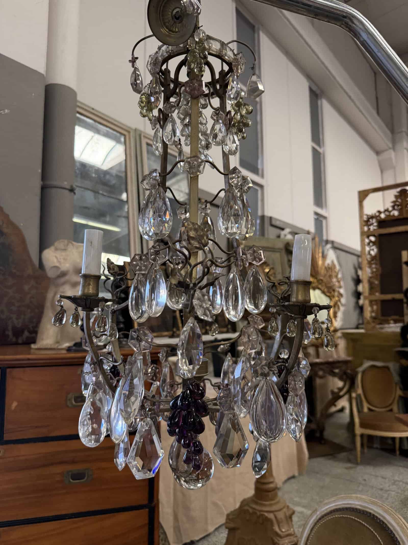 French Silvered Bronze & Glass Chandelier with Grape Clusters, ca. 1940