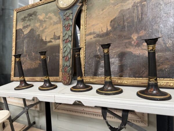 Set of 5 19th Century French Painted Tole Candlesticks