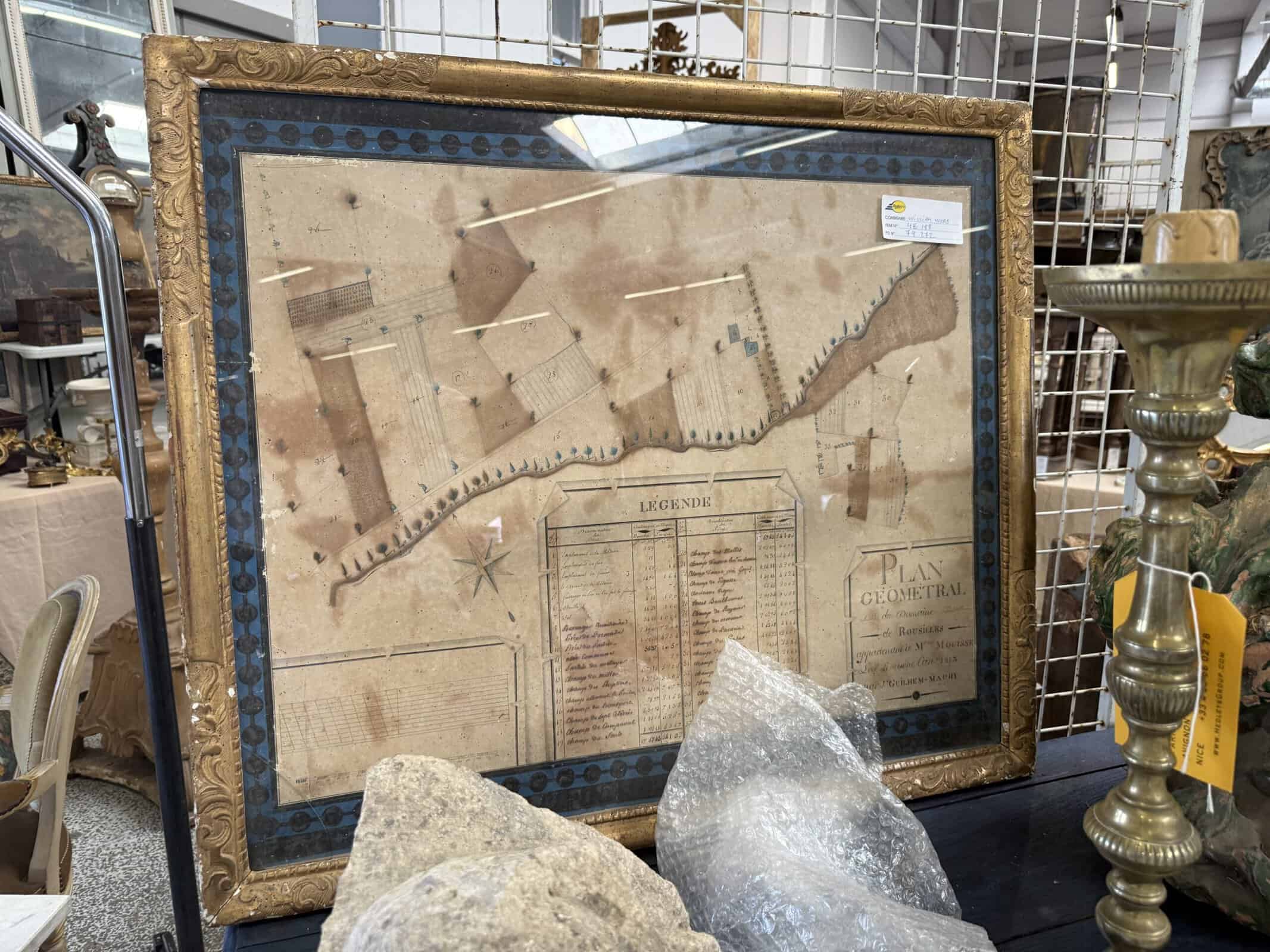 Giltwood Framed 18th Century French "Plan de la Rousilles"/ Architectural Plat Drawing on Paper