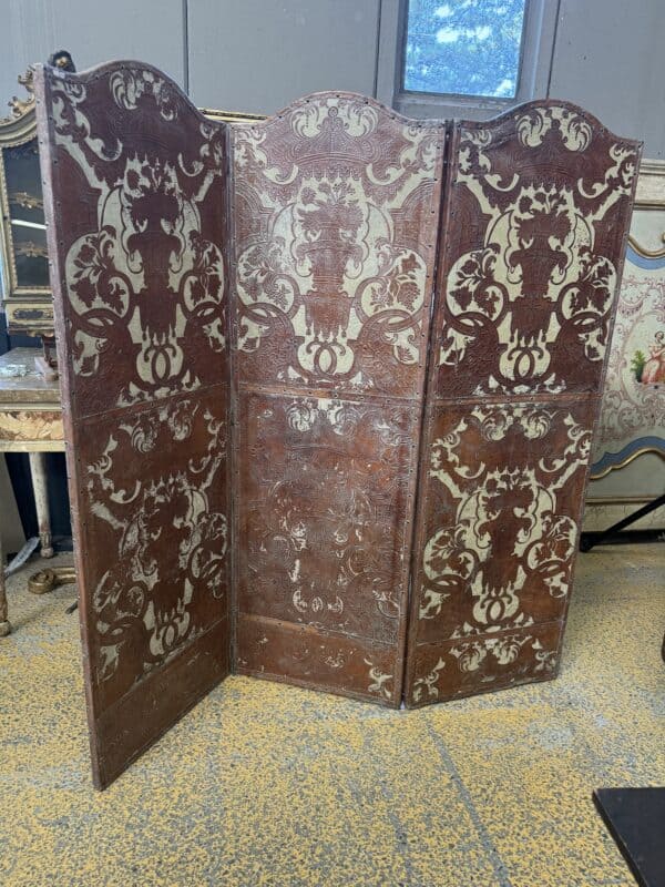 19th Century Italian Leather 3 Panel Folding Screen