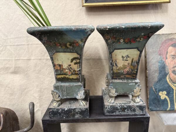 Pair of 19th Century French Blue Painted Tole Cachepots with Landscapes