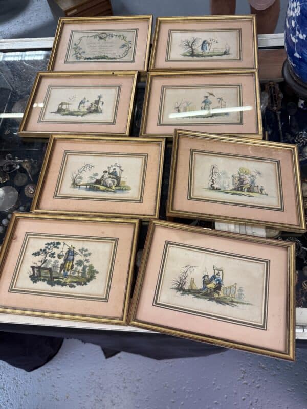 Set of 8 Giltwood Framed 18th Century French Engravings with Hand Coloring "Livre de Chinois"