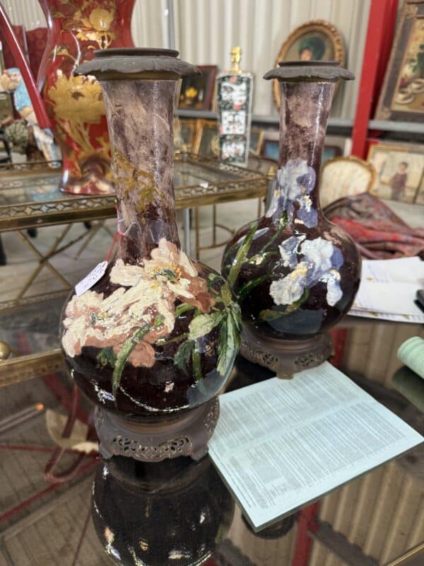 Pair of 19th Century French Barbotine Vases, wired as Lamps