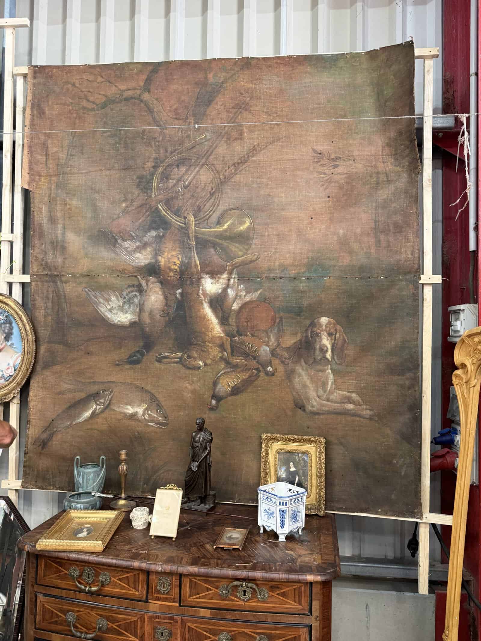 Large Scale 19th Century French Oil on Canvas Wall Hanging Painting of Hunt Motif