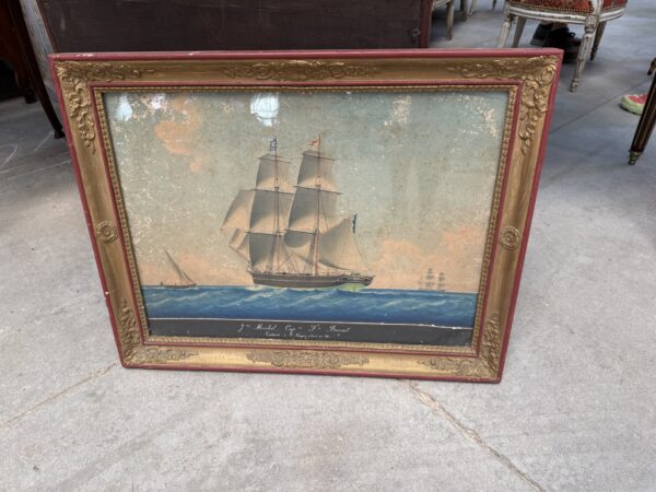 Giltwood Framed 19th Century French Watercolor Painting of Boat in Marseille