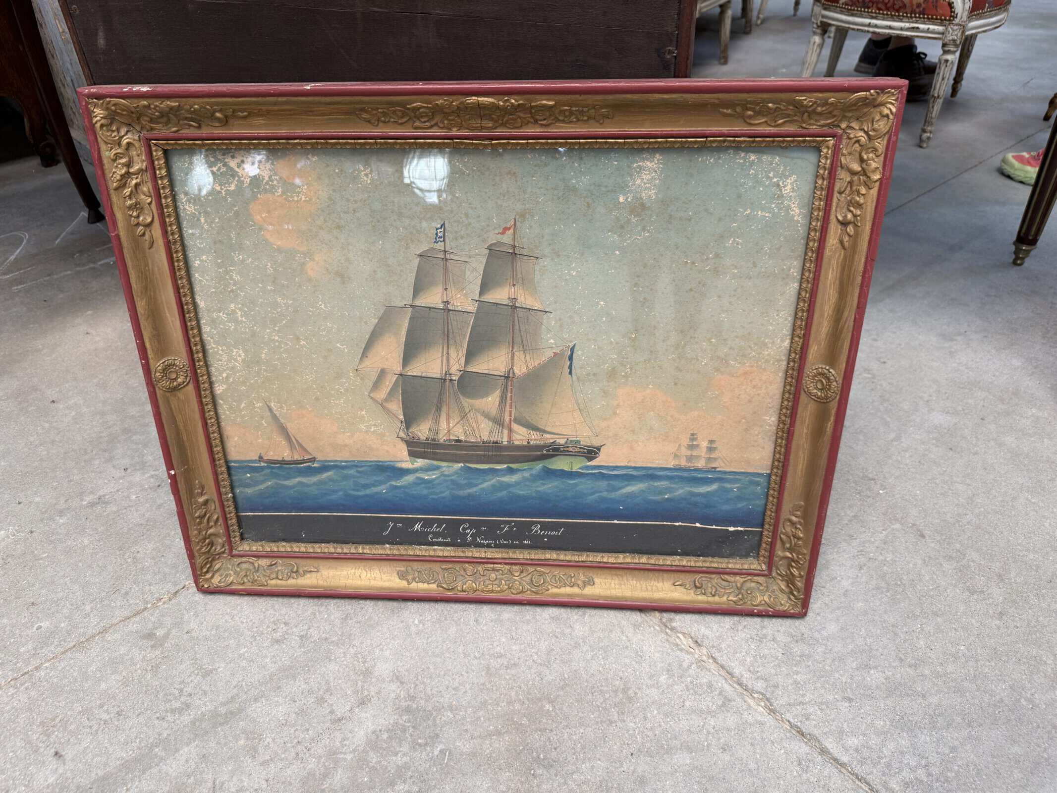 Giltwood Framed 19th Century French Watercolor Painting of Boat in Marseille