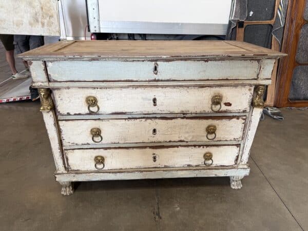 19th Century French Painted Empire Commode with White Marble Top, 4 Drawers & Gilt Paw Feet
