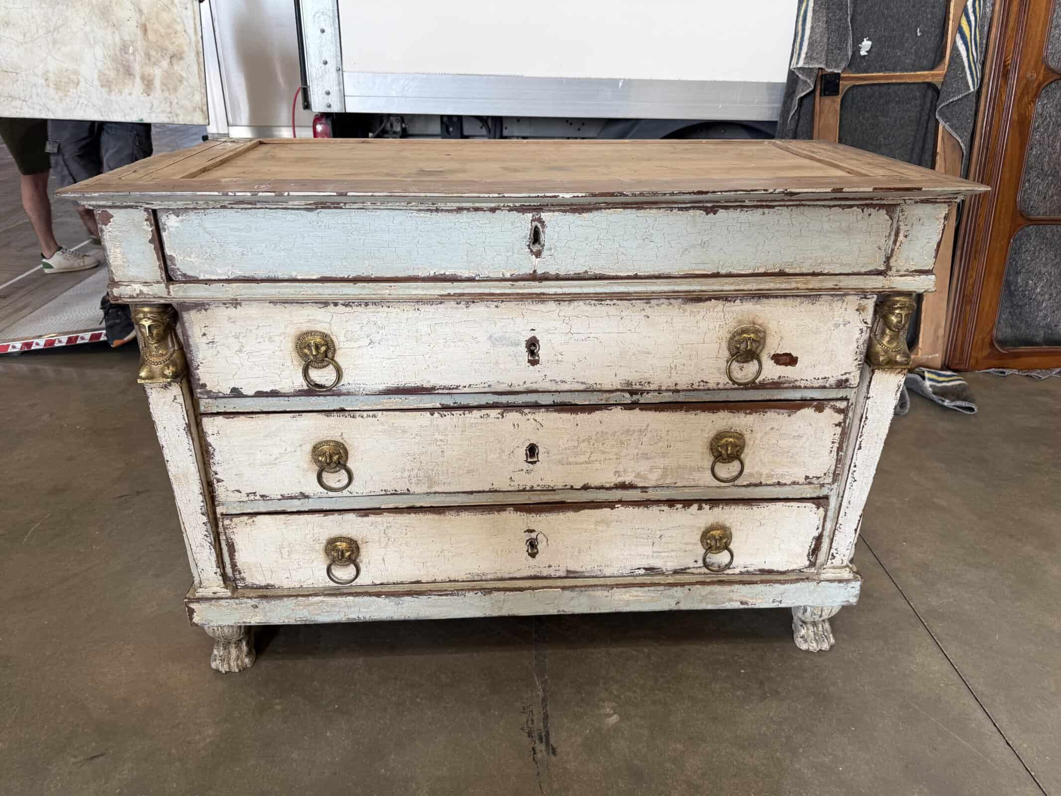 19th Century French Painted Empire Commode with White Marble Top, 4 Drawers & Gilt Paw Feet
