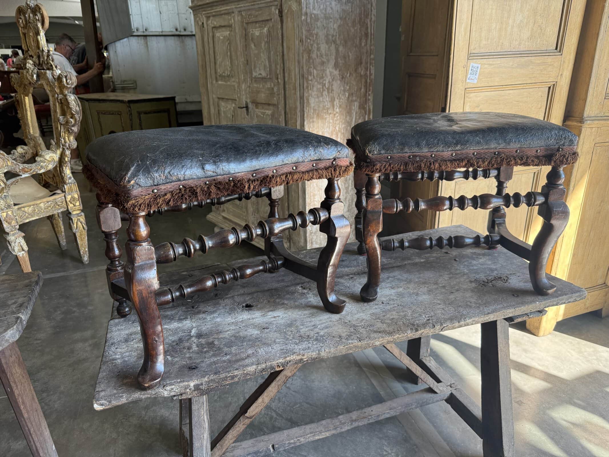Pair of 19th Century Italian Baroque Style Walnut Benches with Leather Upholstery