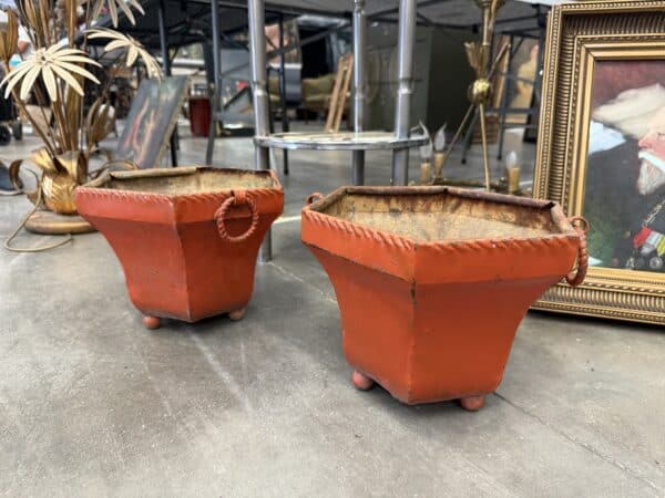 Pair of Orange Painted Tole Planters, France ca. 1950