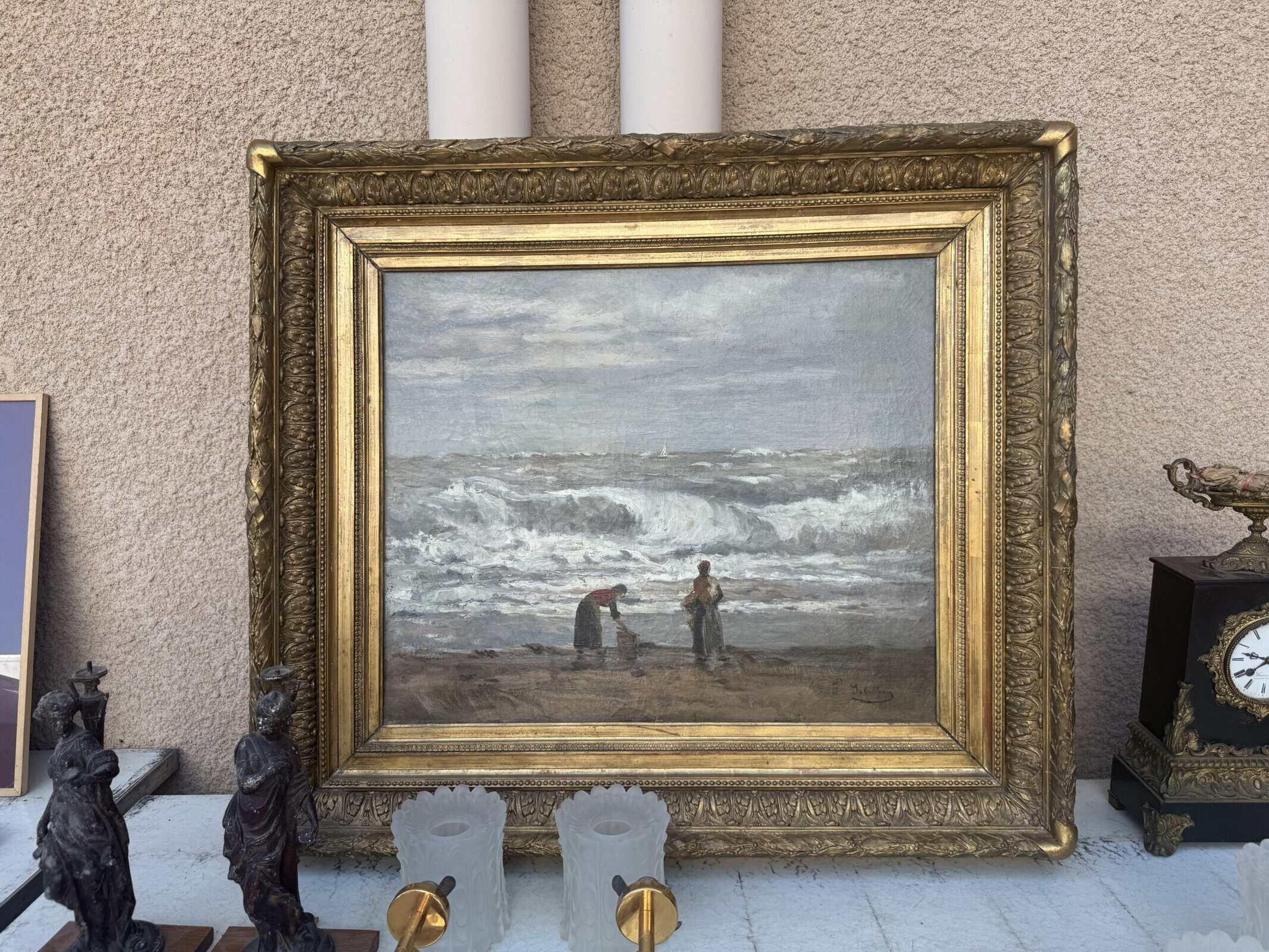 Large 19th Century French Giltwood Framed Oil on Canvas Seashore Painting