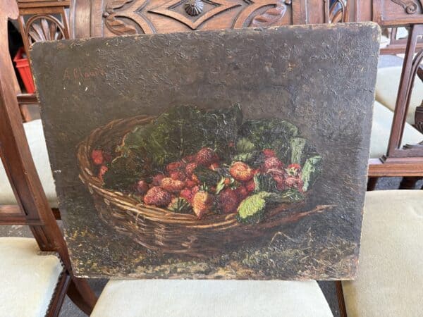 19th Century French Oil on Board Still Life Painting, Basket of Fruits, Signed "A. Claude"