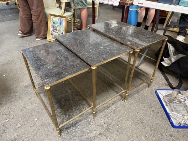 Set of 3 French Brass & Marble Nesting Tables , ca. 1950