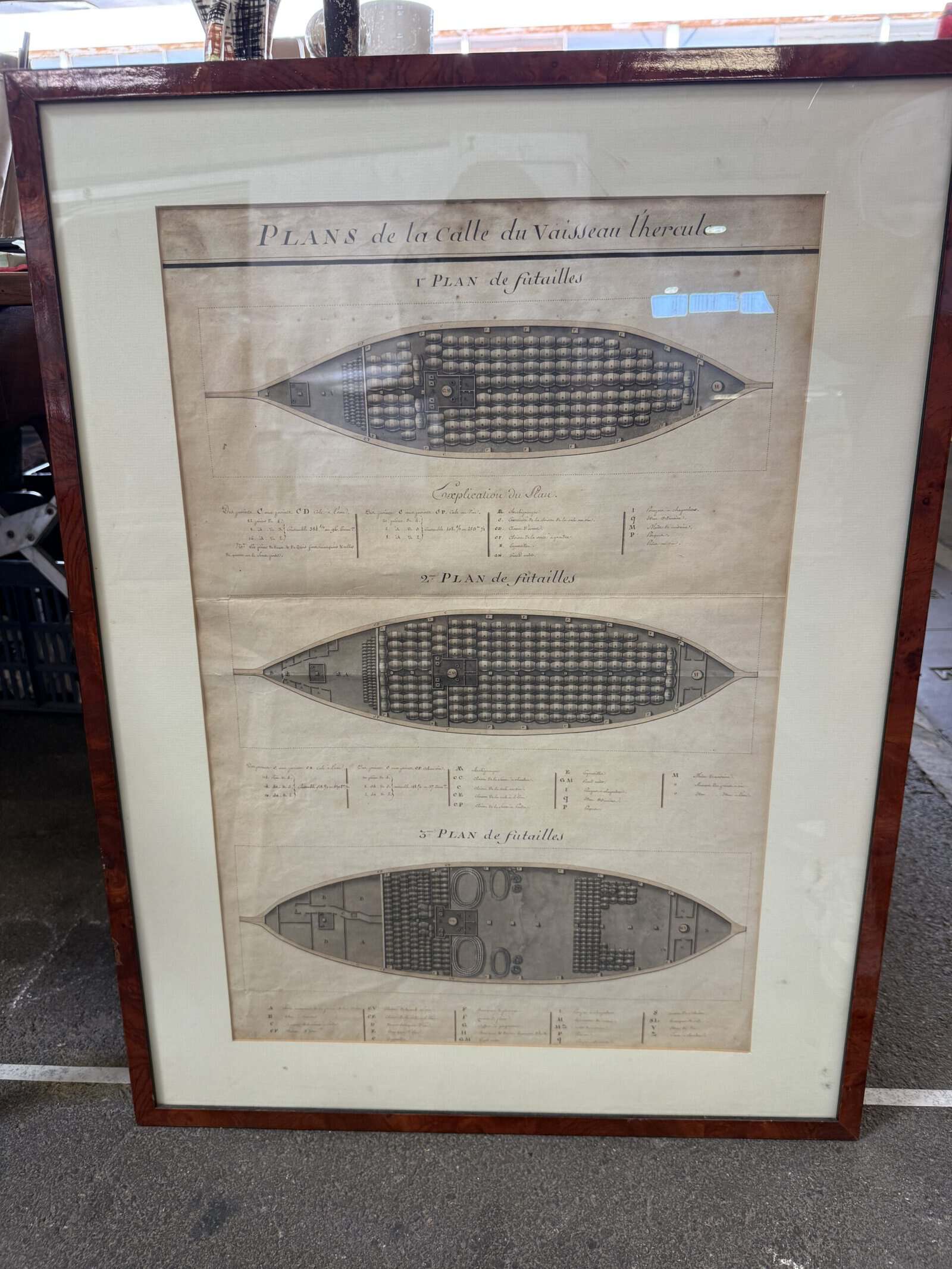 Framed Mid 19th Century Engraving of Ship Barrels / Cargo Hold Plan