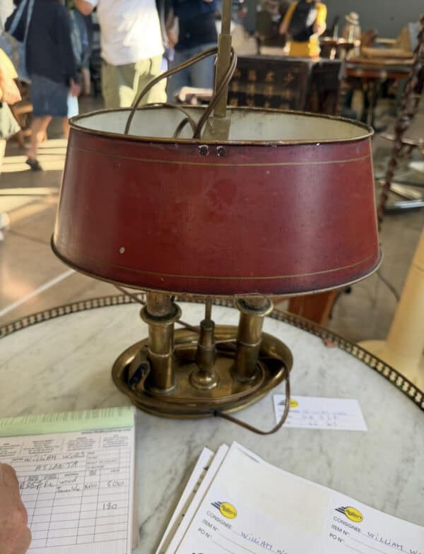 Louis XVI Style Brass & Red Tole Bouillotte Lamp France ca. 1900