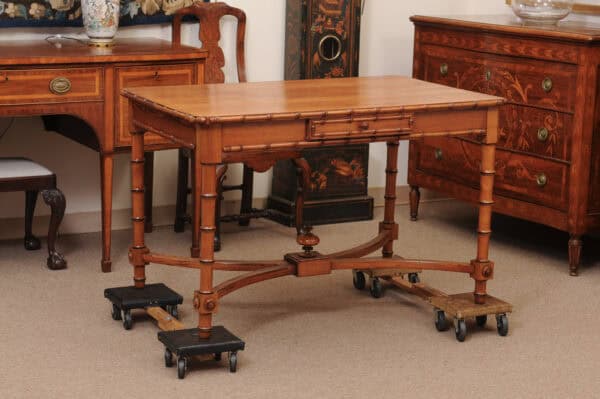 English Faux Bamboo Pine Writing Table with 1 Drawer and X Form Stretcher, Mid? 20th Century - Image 3