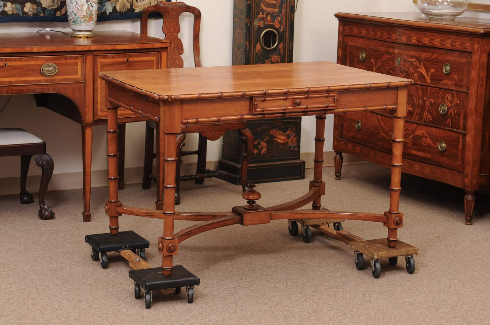 English Faux Bamboo Pine Writing Table with 1 Drawer and X Form Stretcher, Mid? 20th Century - Image 3