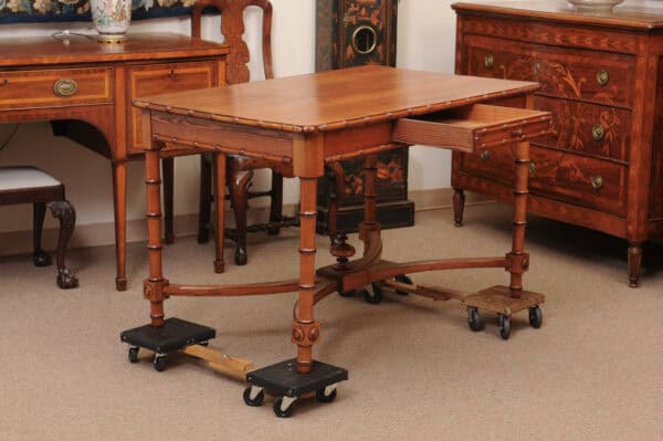 English Faux Bamboo Pine Writing Table with 1 Drawer and X Form Stretcher, Mid? 20th Century - Image 4