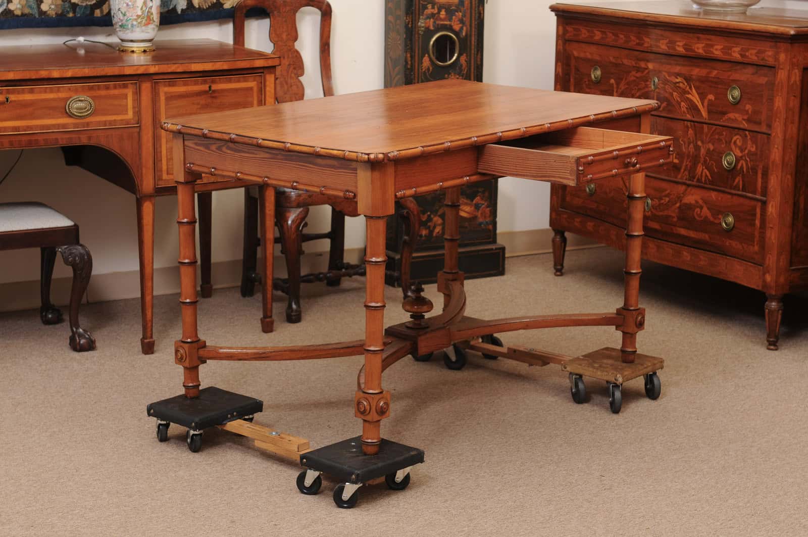 English Faux Bamboo Pine Writing Table with 1 Drawer and X Form Stretcher, Mid? 20th Century - Image 4