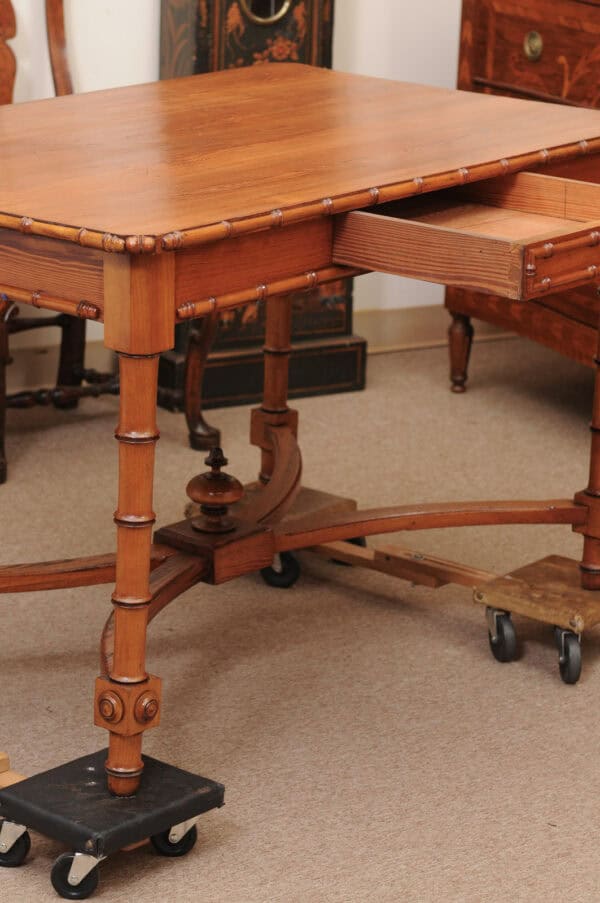 English Faux Bamboo Pine Writing Table with 1 Drawer and X Form Stretcher, Mid? 20th Century - Image 5