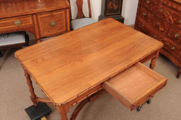 English Faux Bamboo Pine Writing Table with 1 Drawer and X Form Stretcher, Mid? 20th Century - Image 6