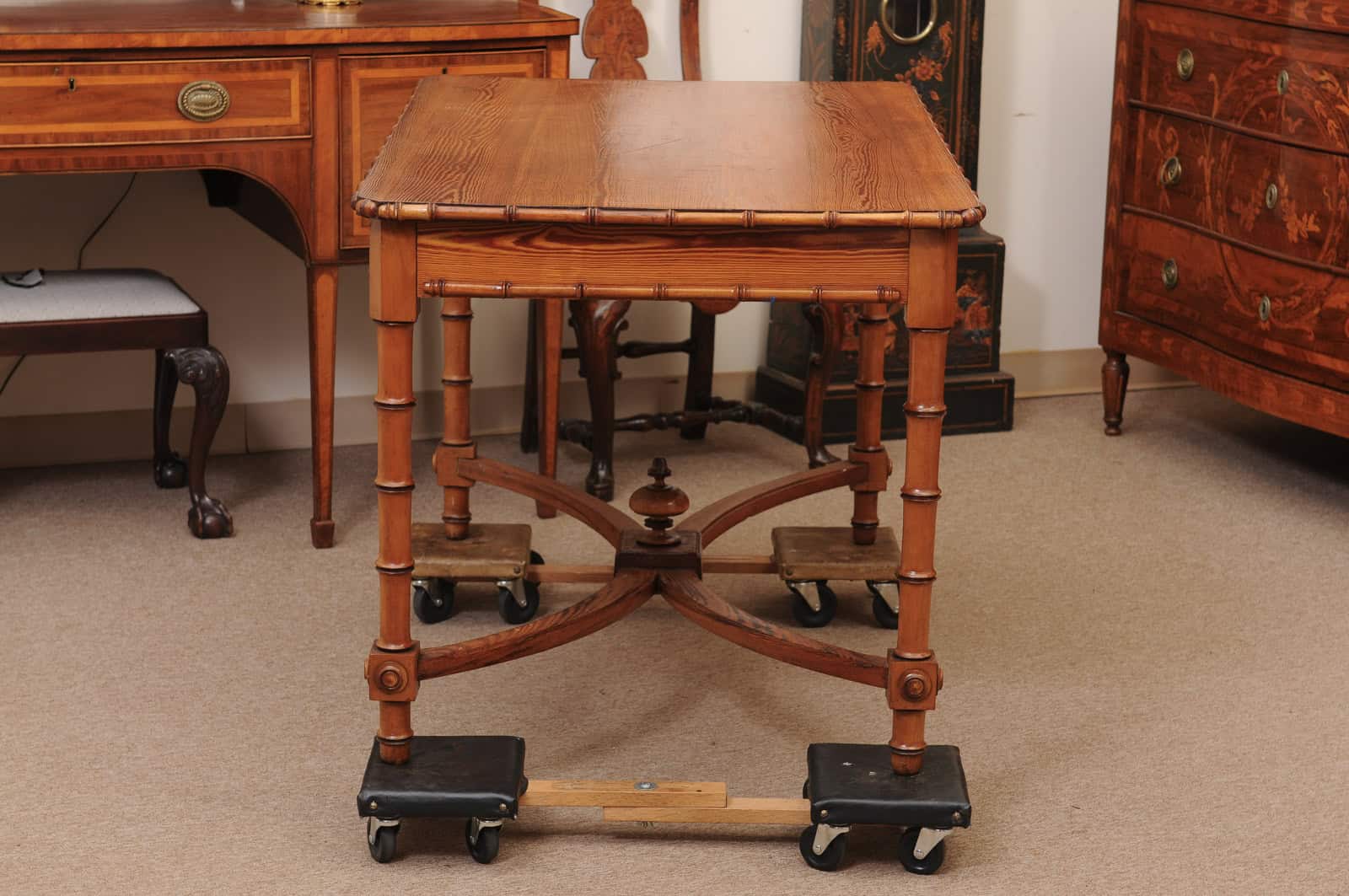 English Faux Bamboo Pine Writing Table with 1 Drawer and X Form Stretcher, Mid? 20th Century - Image 7