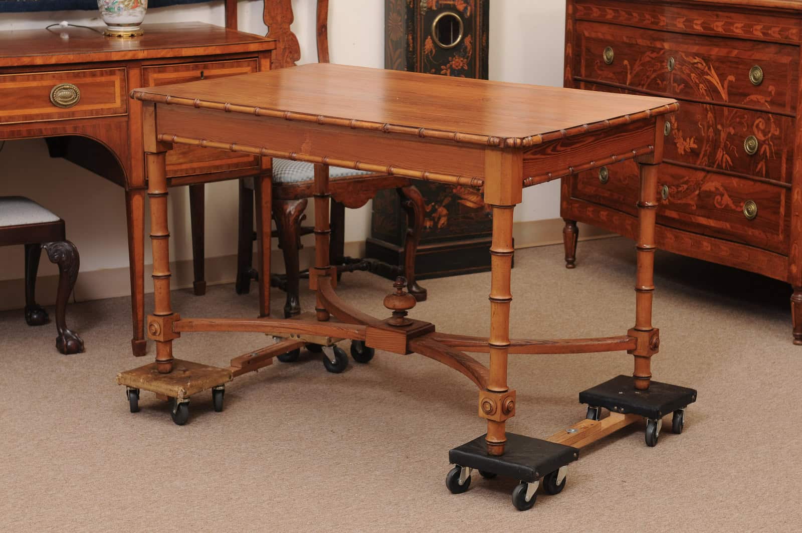 English Faux Bamboo Pine Writing Table with 1 Drawer and X Form Stretcher, Mid? 20th Century - Image 8