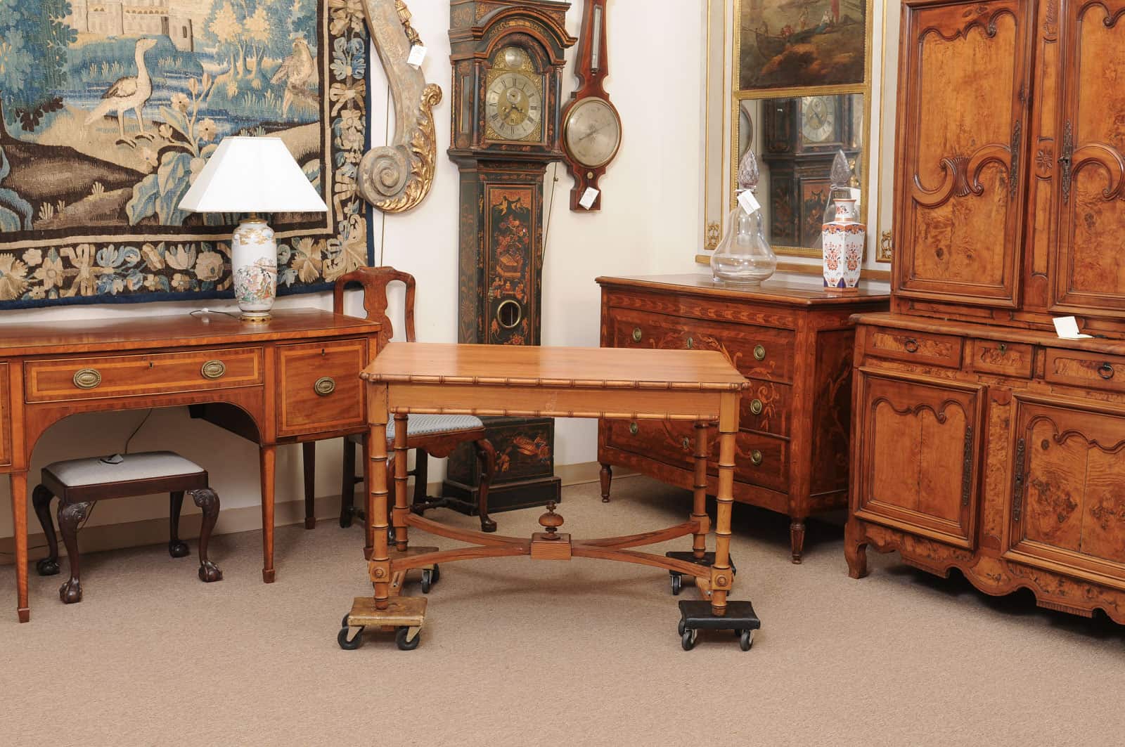 English Faux Bamboo Pine Writing Table with 1 Drawer and X Form Stretcher, Mid? 20th Century - Image 9