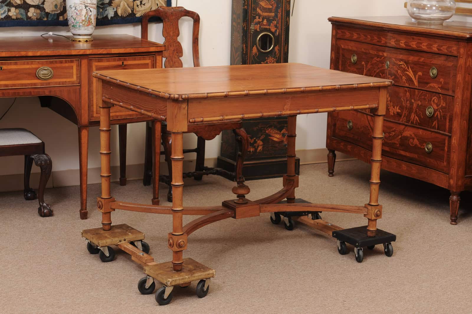 English Faux Bamboo Pine Writing Table with 1 Drawer and X Form Stretcher, Mid? 20th Century - Image 10
