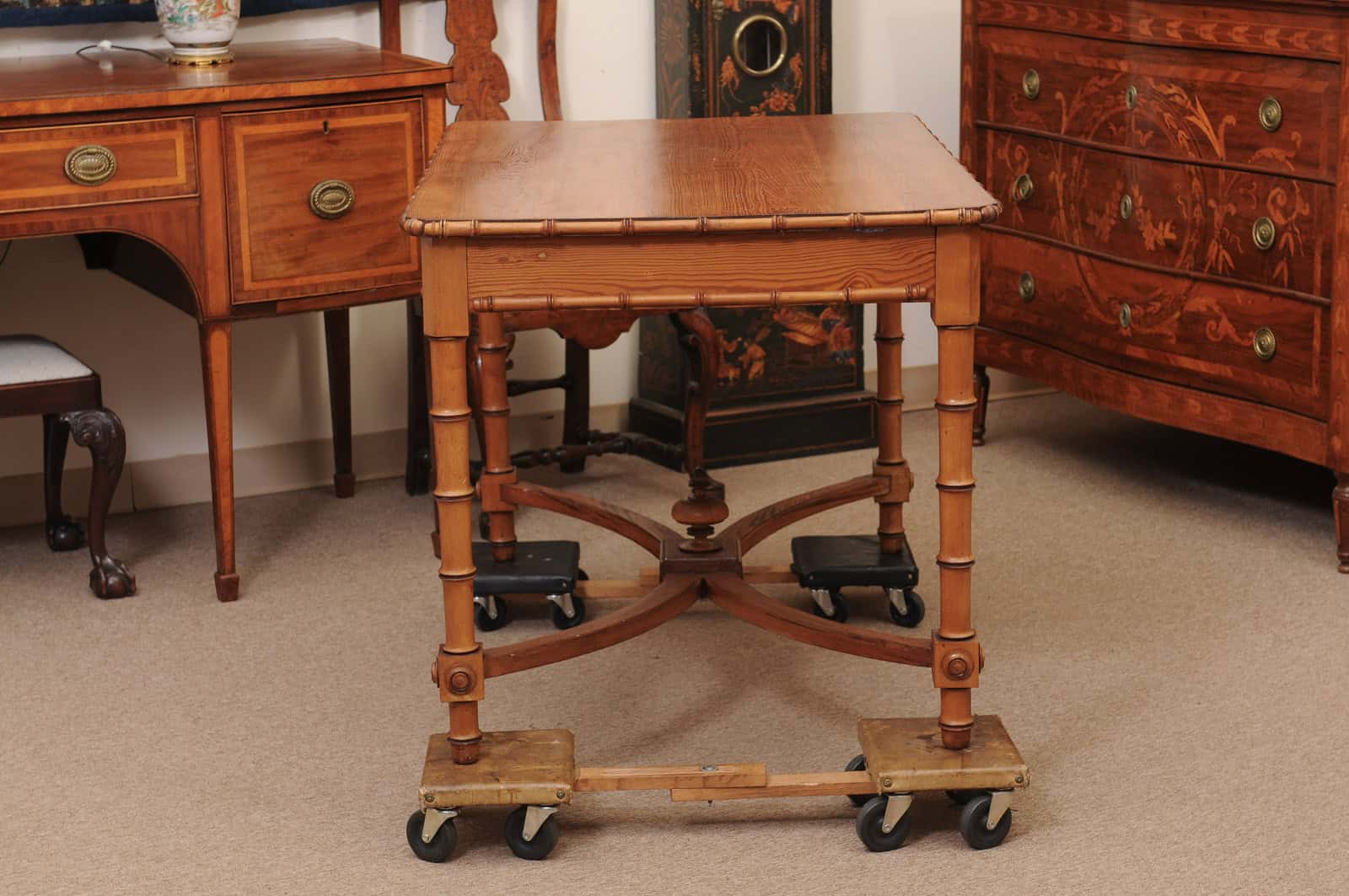 English Faux Bamboo Pine Writing Table with 1 Drawer and X Form Stretcher, Mid? 20th Century - Image 11