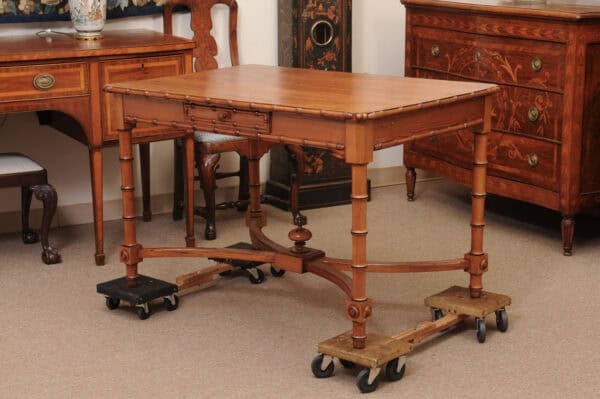 English Faux Bamboo Pine Writing Table with 1 Drawer and X Form Stretcher, Mid? 20th Century - Image 12