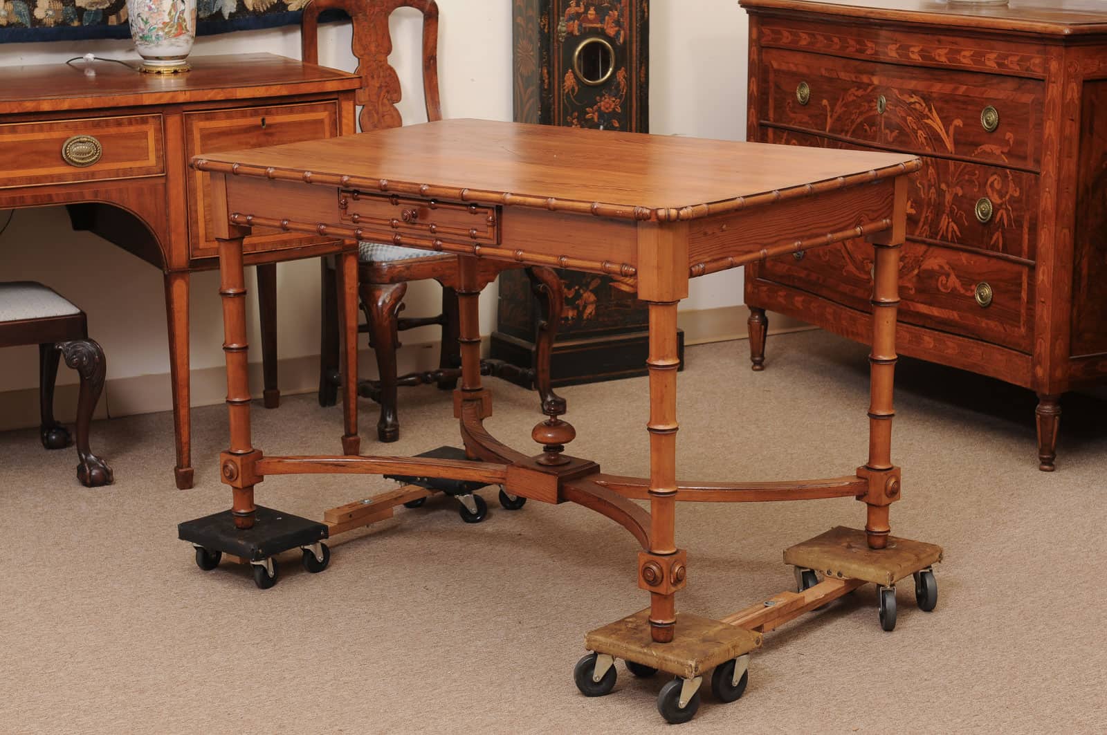 English Faux Bamboo Pine Writing Table with 1 Drawer and X Form Stretcher, Mid? 20th Century - Image 12