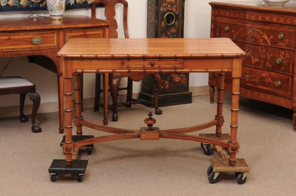 English Faux Bamboo Pine Writing Table with 1 Drawer and X Form Stretcher, Mid? 20th Century - Image 13